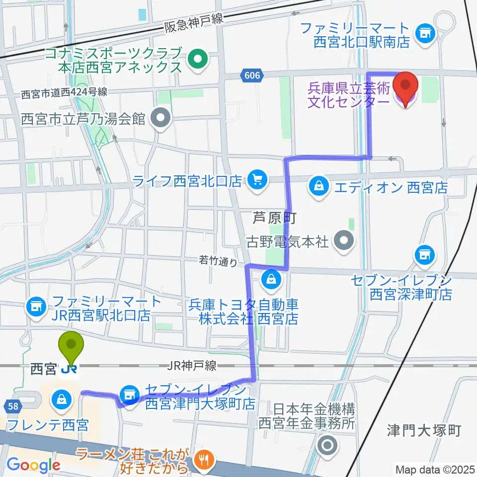 西宮駅から兵庫県立芸術文化センター KOBELCO大ホールへのルートマップ地図