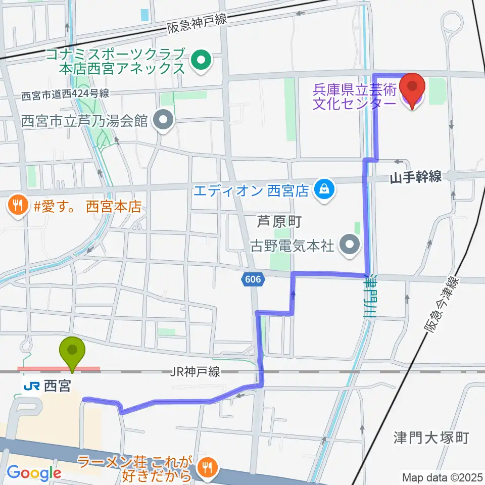 西宮駅から兵庫県立芸術文化センター KOBELCO大ホールへのルートマップ地図