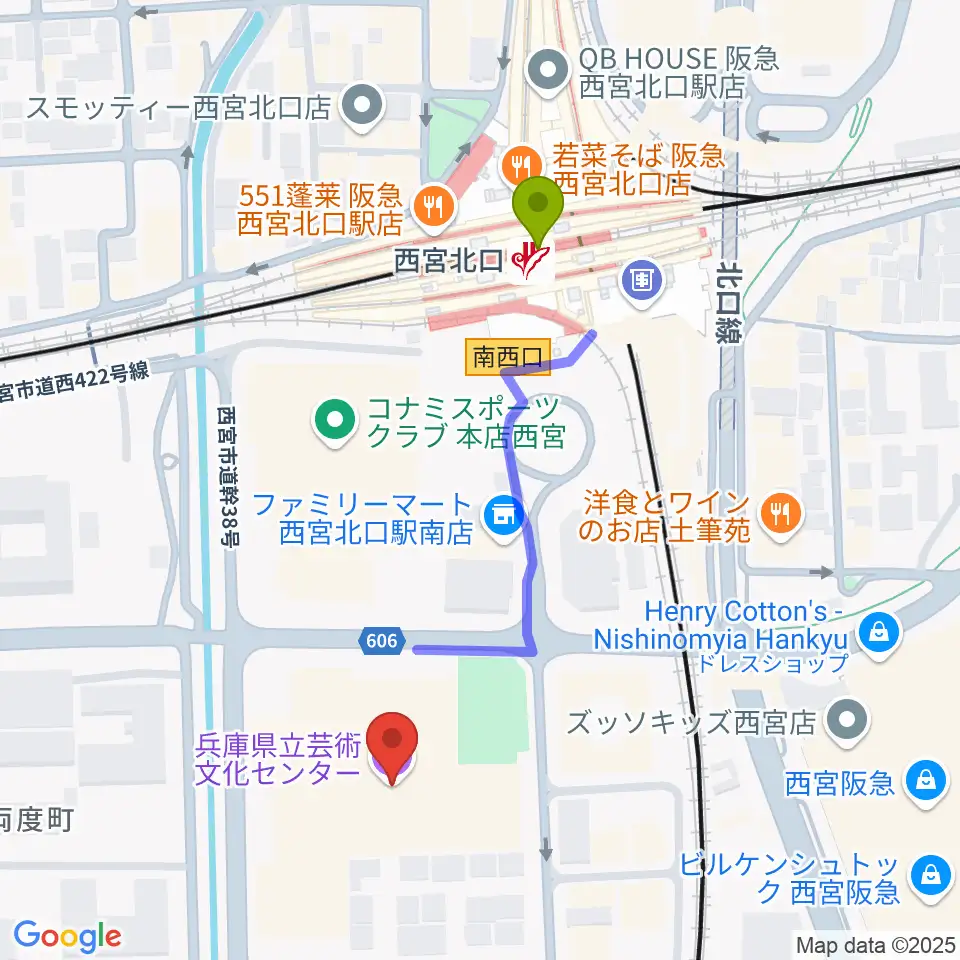 兵庫県立芸術文化センター KOBELCO大ホールの最寄駅西宮北口駅からの徒歩ルート（約5分）地図
