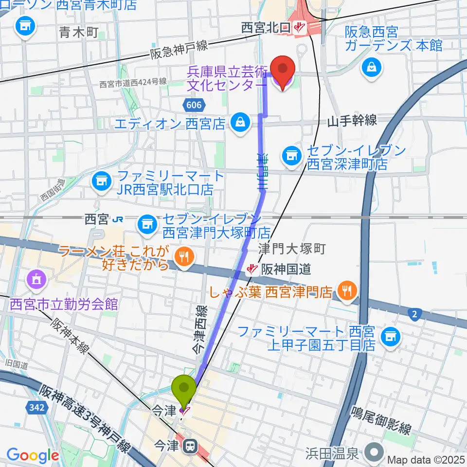 今津駅から兵庫県立芸術文化センター KOBELCO大ホールへのルートマップ地図