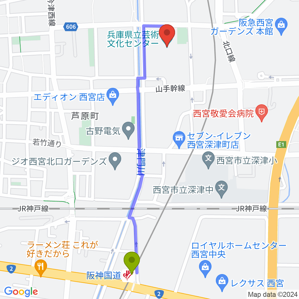 阪神国道駅から兵庫県立芸術文化センター KOBELCO大ホールへのルートマップ地図