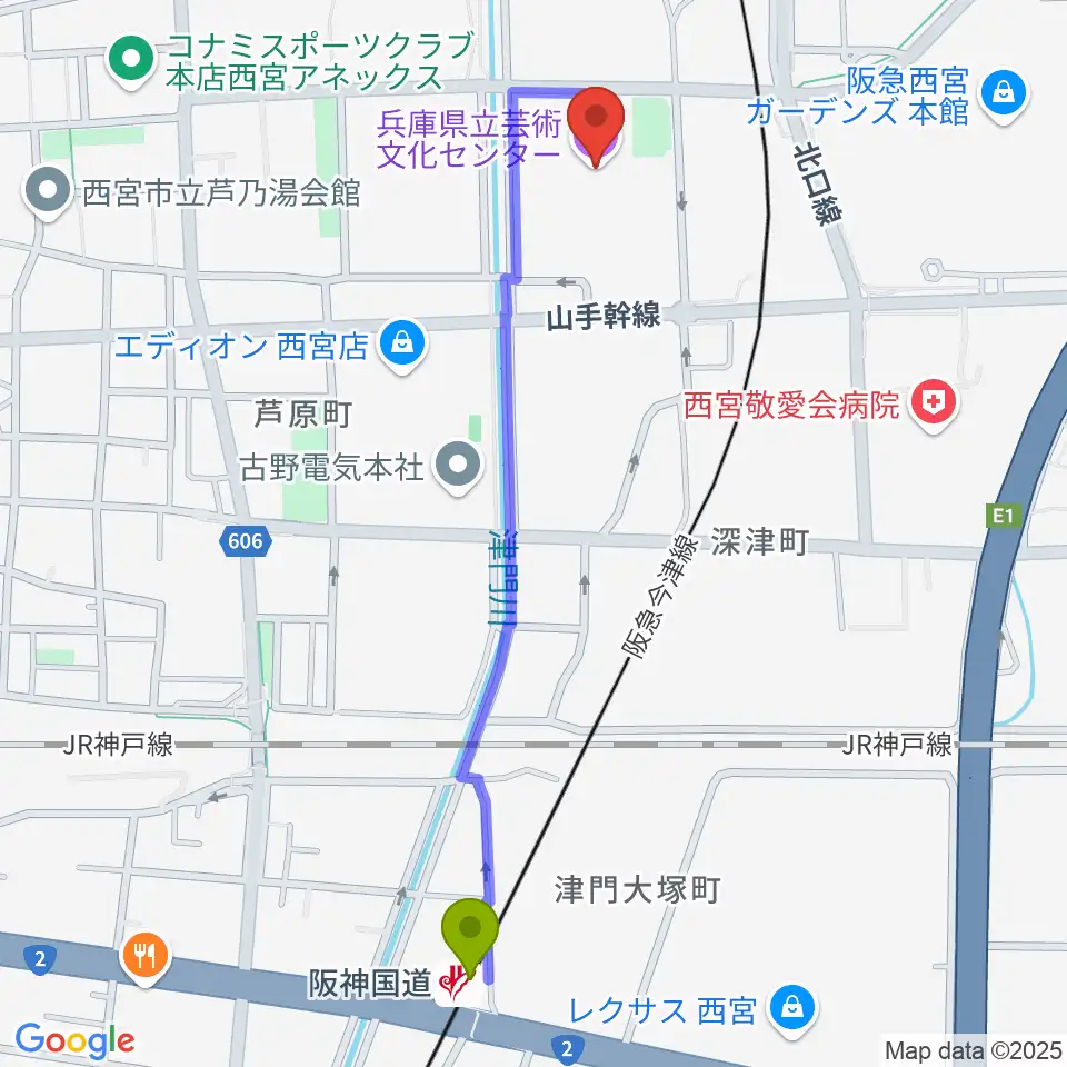 阪神国道駅から兵庫県立芸術文化センター KOBELCO大ホールへのルートマップ地図