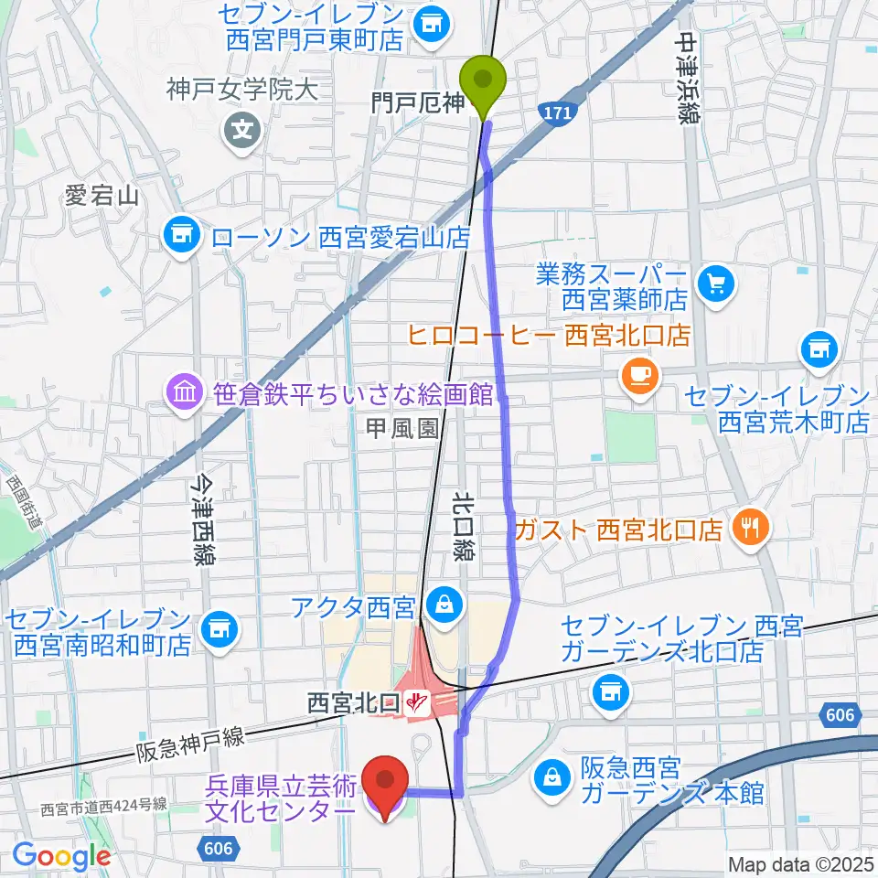 門戸厄神駅から兵庫県立芸術文化センター KOBELCO大ホールへのルートマップ地図