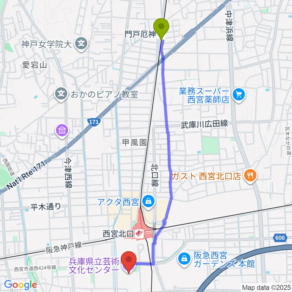 門戸厄神駅から兵庫県立芸術文化センター KOBELCO大ホールへのルートマップ地図
