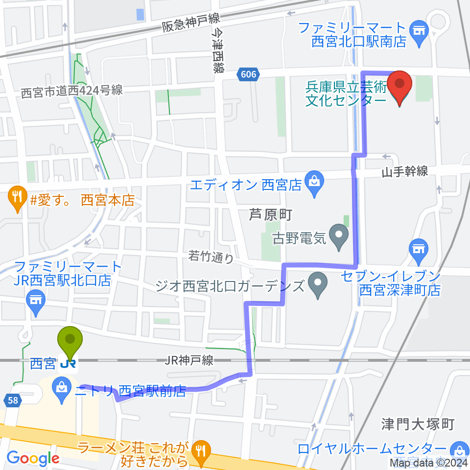 西宮駅から兵庫県立芸術文化センター 阪急中ホールへのルートマップ地図