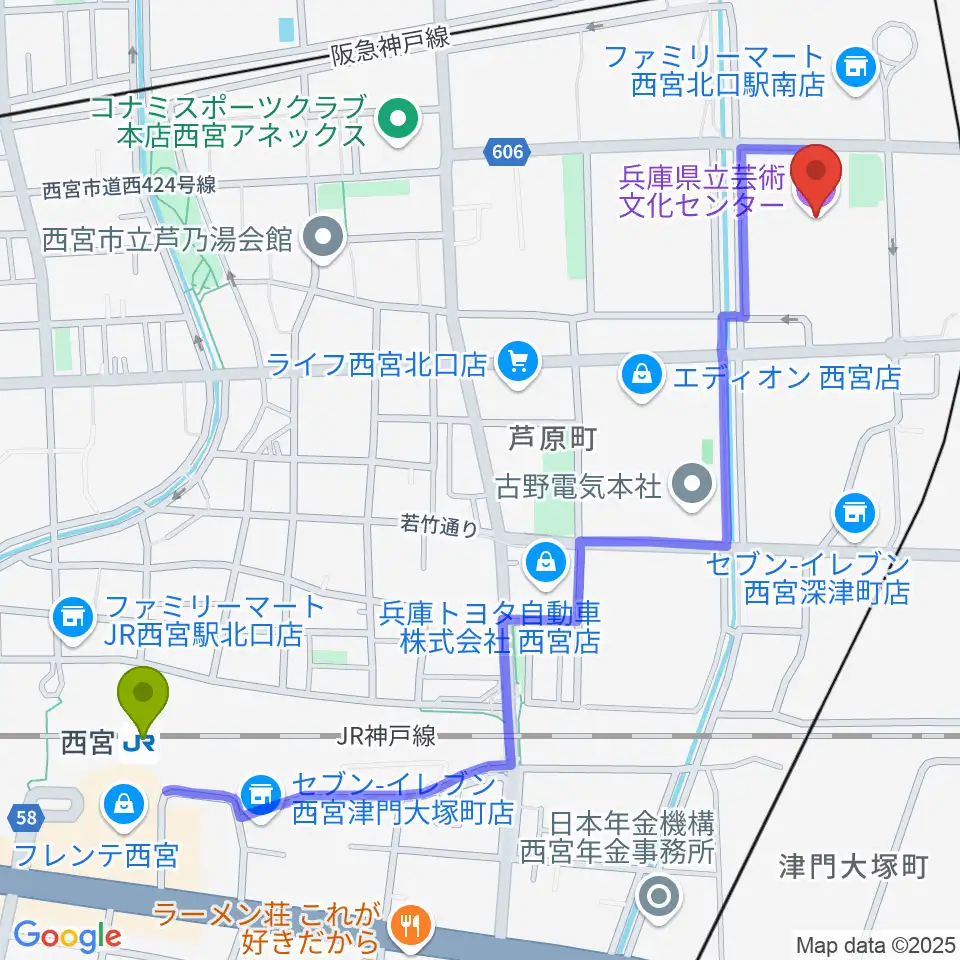 西宮駅から兵庫県立芸術文化センター 阪急中ホールへのルートマップ地図