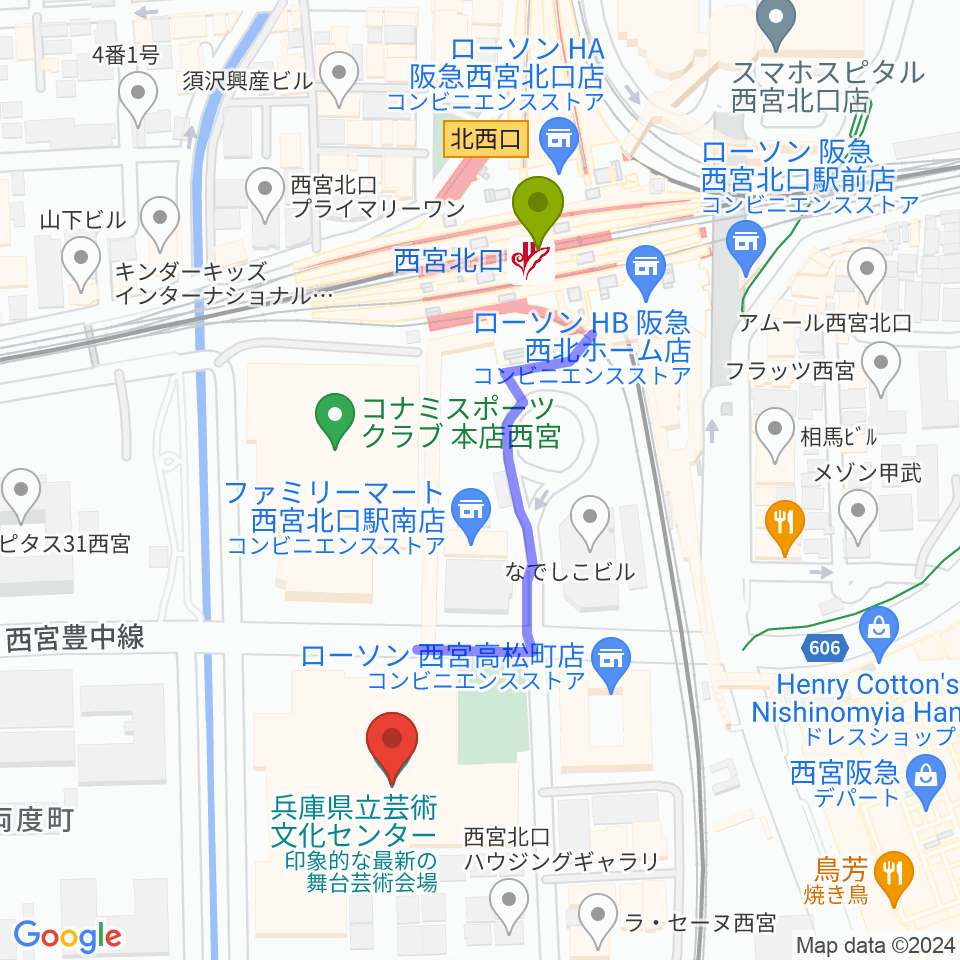 兵庫県立芸術文化センター 阪急中ホールの最寄駅西宮北口駅からの徒歩ルート（約5分）地図