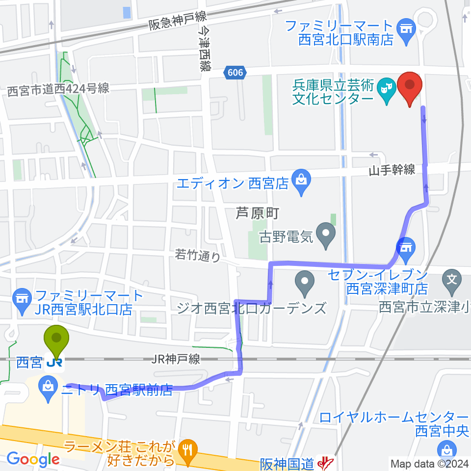 西宮駅から兵庫県立芸術文化センター 神戸女学院小ホールへのルートマップ地図