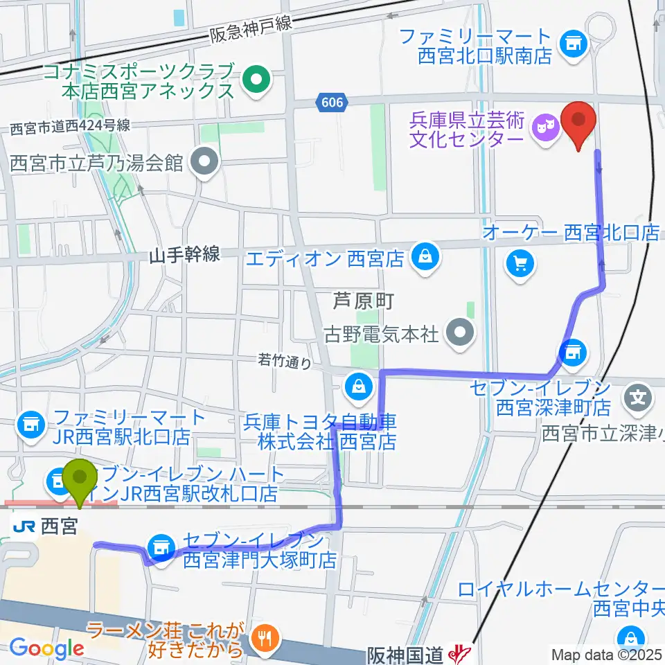 西宮駅から兵庫県立芸術文化センター 神戸女学院小ホールへのルートマップ地図