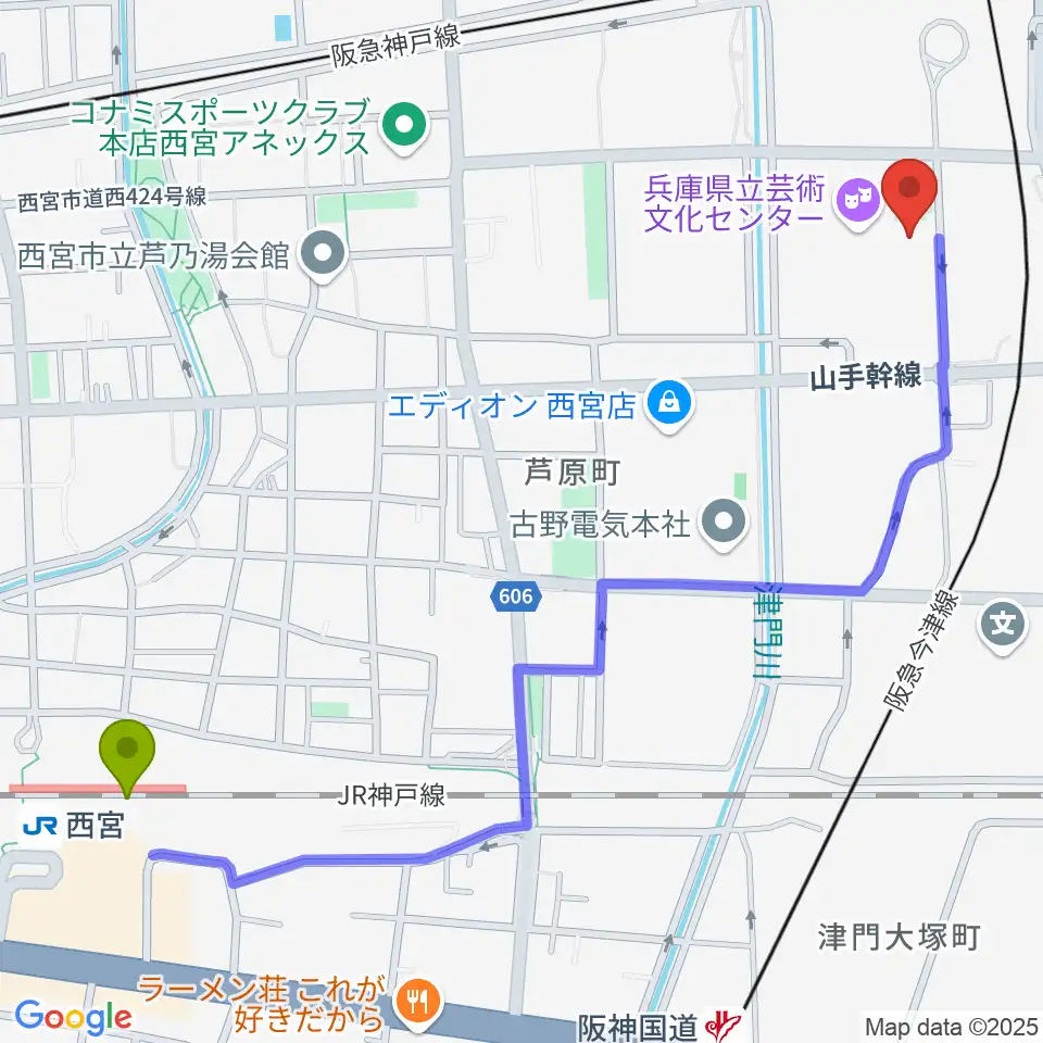 西宮駅から兵庫県立芸術文化センター 神戸女学院小ホールへのルートマップ地図