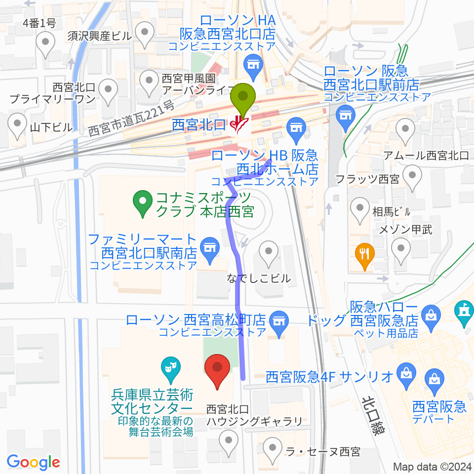 兵庫県立芸術文化センター 神戸女学院小ホールの最寄駅西宮北口駅からの徒歩ルート（約4分）地図