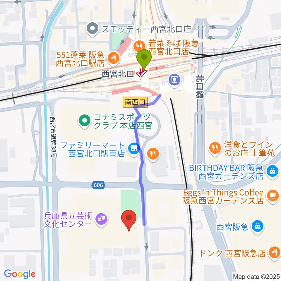 兵庫県立芸術文化センター 神戸女学院小ホールの最寄駅西宮北口駅からの徒歩ルート（約4分）地図