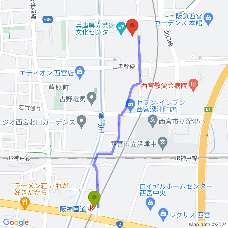 阪神国道駅から兵庫県立芸術文化センター 神戸女学院小ホールへのルートマップ地図