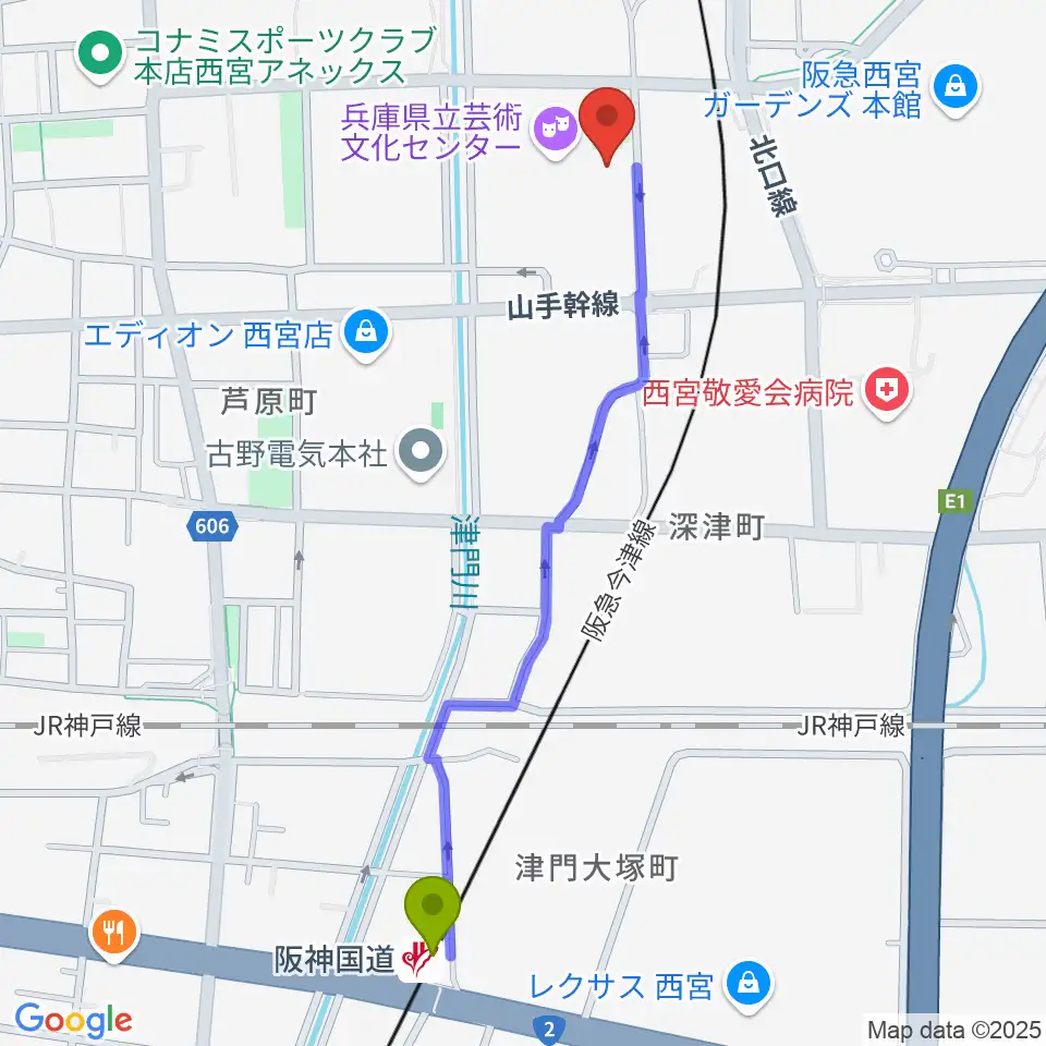 阪神国道駅から兵庫県立芸術文化センター 神戸女学院小ホールへのルートマップ地図