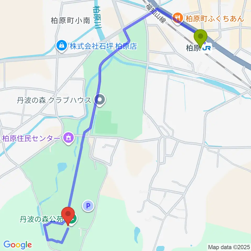 丹波の森公苑ホールの最寄駅柏原駅からの徒歩ルート（約14分）地図