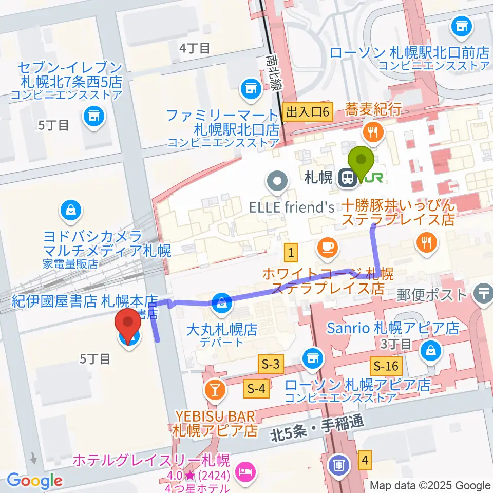 札幌センター ヤマハミュージックの最寄駅札幌駅からの徒歩ルート（約4分）地図