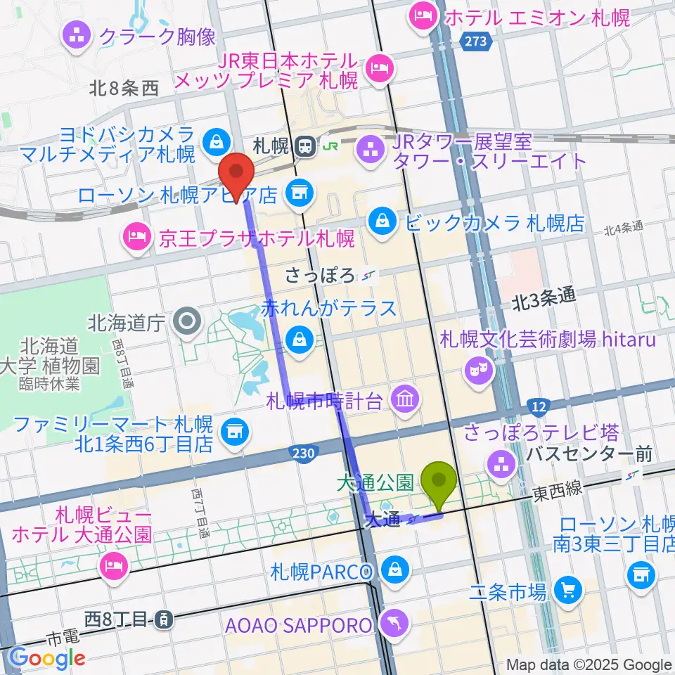 大通駅から札幌センター ヤマハミュージックへのルートマップ地図