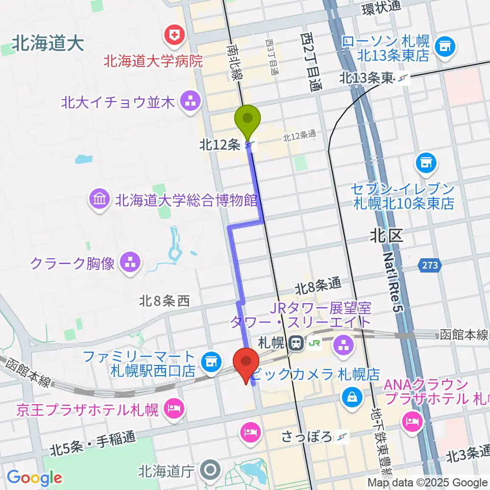 北１２条駅から札幌センター ヤマハミュージックへのルートマップ地図