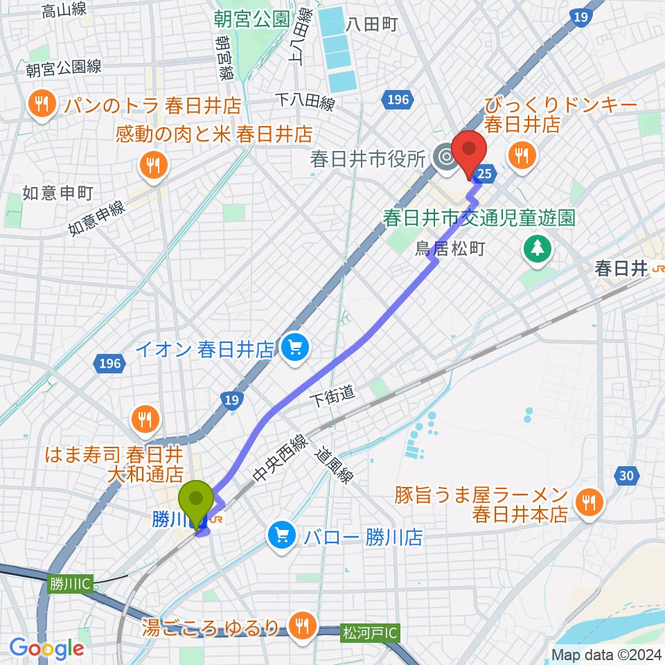 勝川駅から春日井市民会館へのルートマップ地図