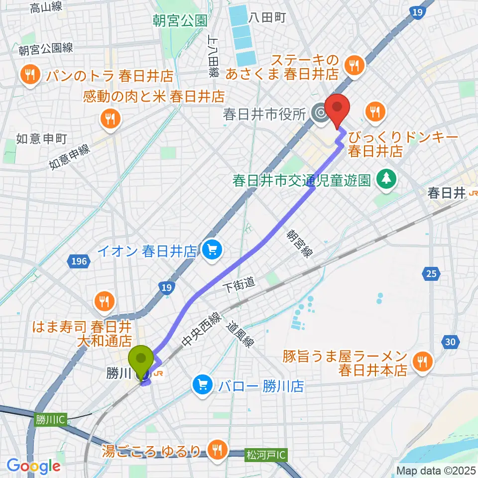 勝川駅から春日井市民会館へのルートマップ地図