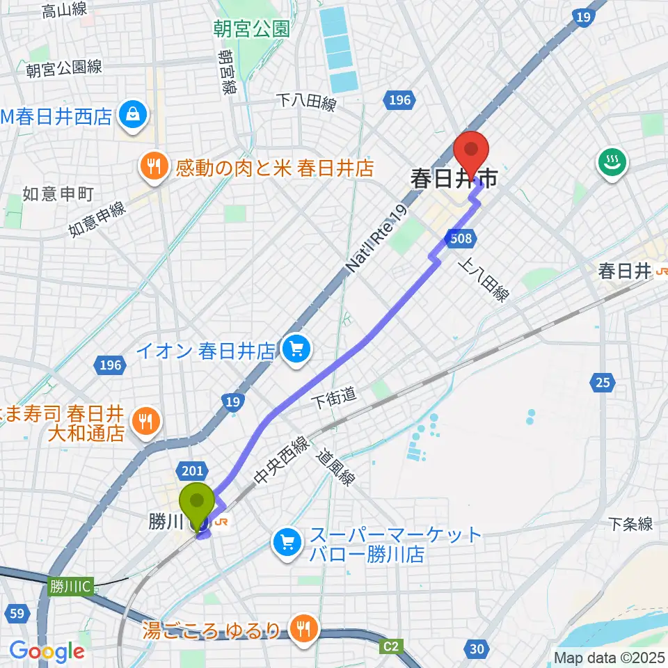 勝川駅から春日井市民会館へのルートマップ地図