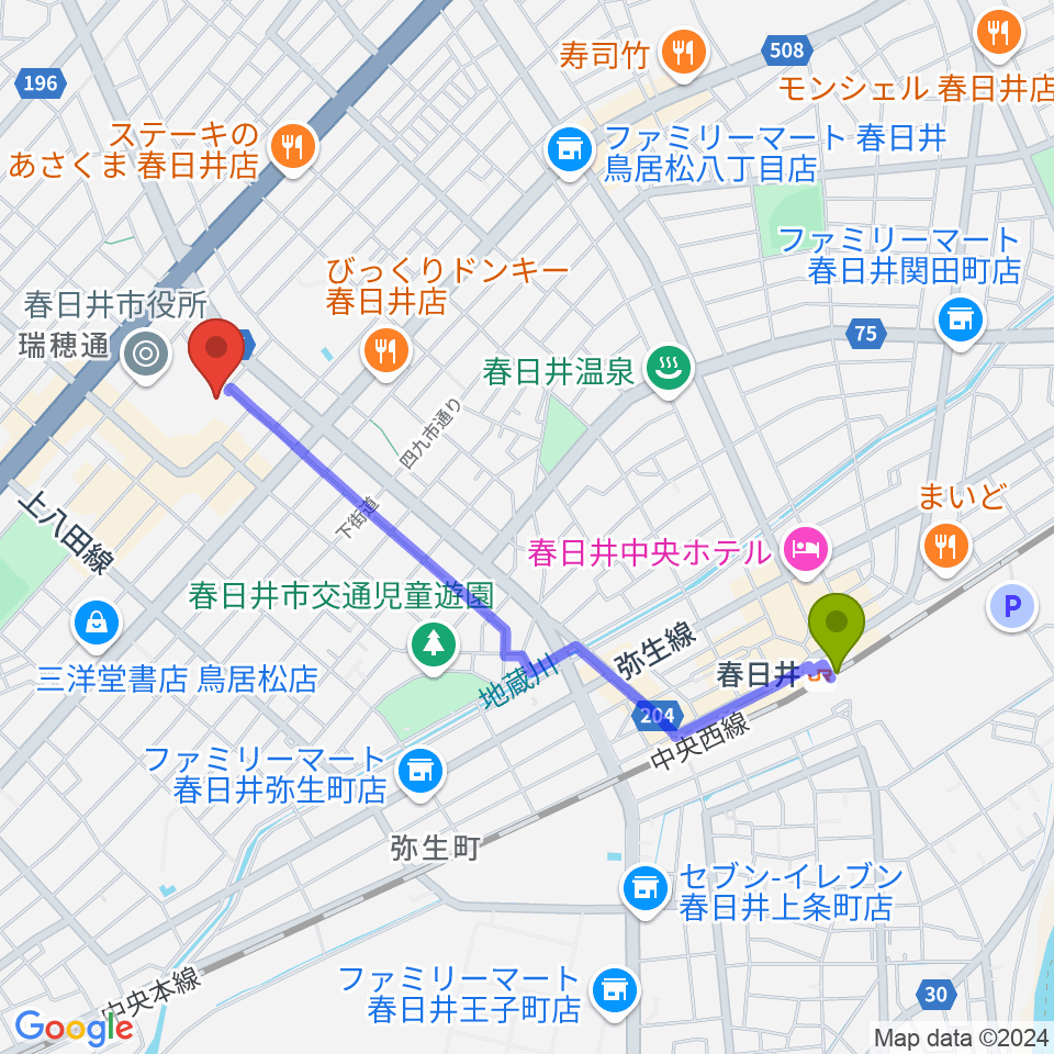 春日井市民会館の最寄駅春日井駅からの徒歩ルート（約20分）地図