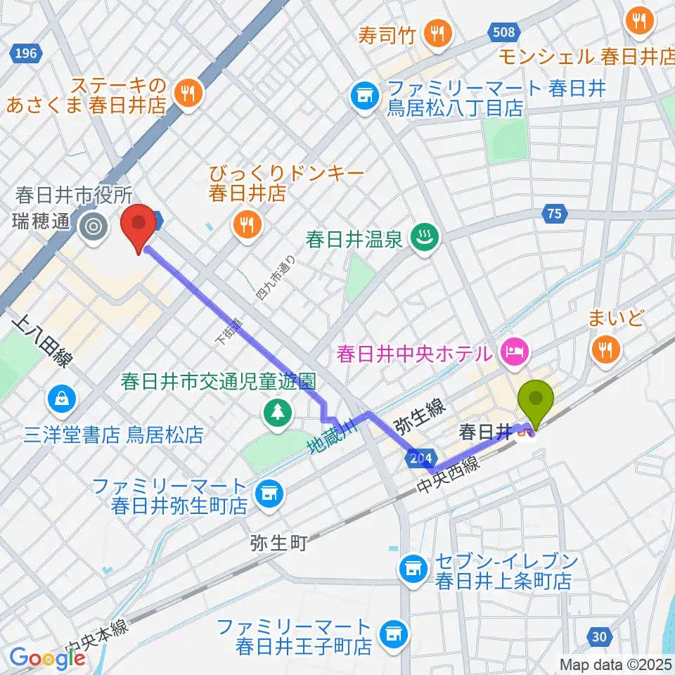 春日井市民会館の最寄駅春日井駅からの徒歩ルート（約20分）地図