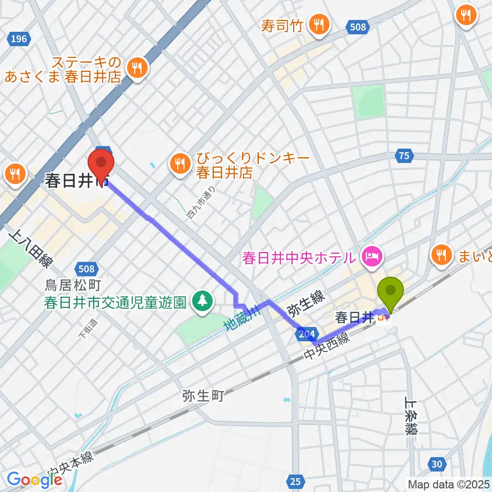 春日井市民会館の最寄駅春日井駅からの徒歩ルート（約20分）地図