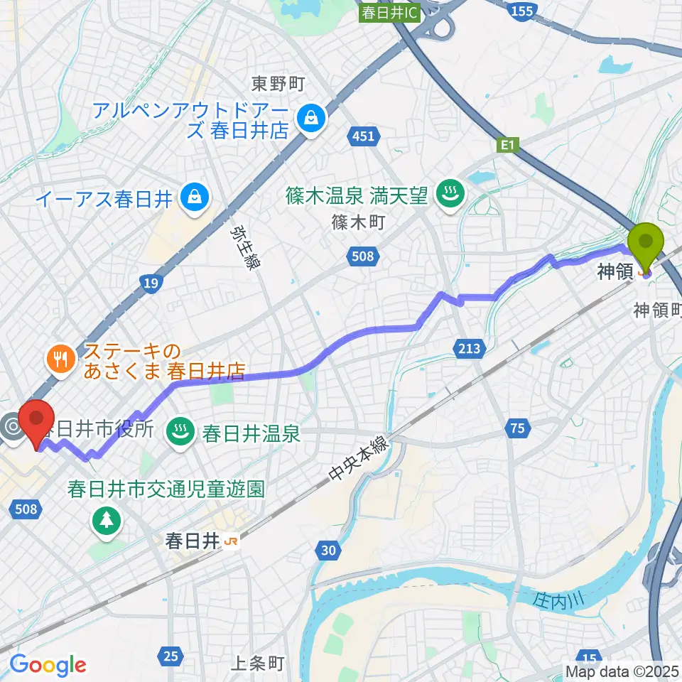 神領駅から春日井市民会館へのルートマップ地図