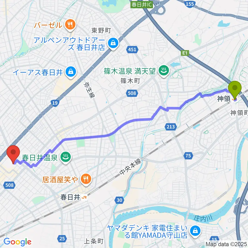 神領駅から春日井市民会館へのルートマップ地図