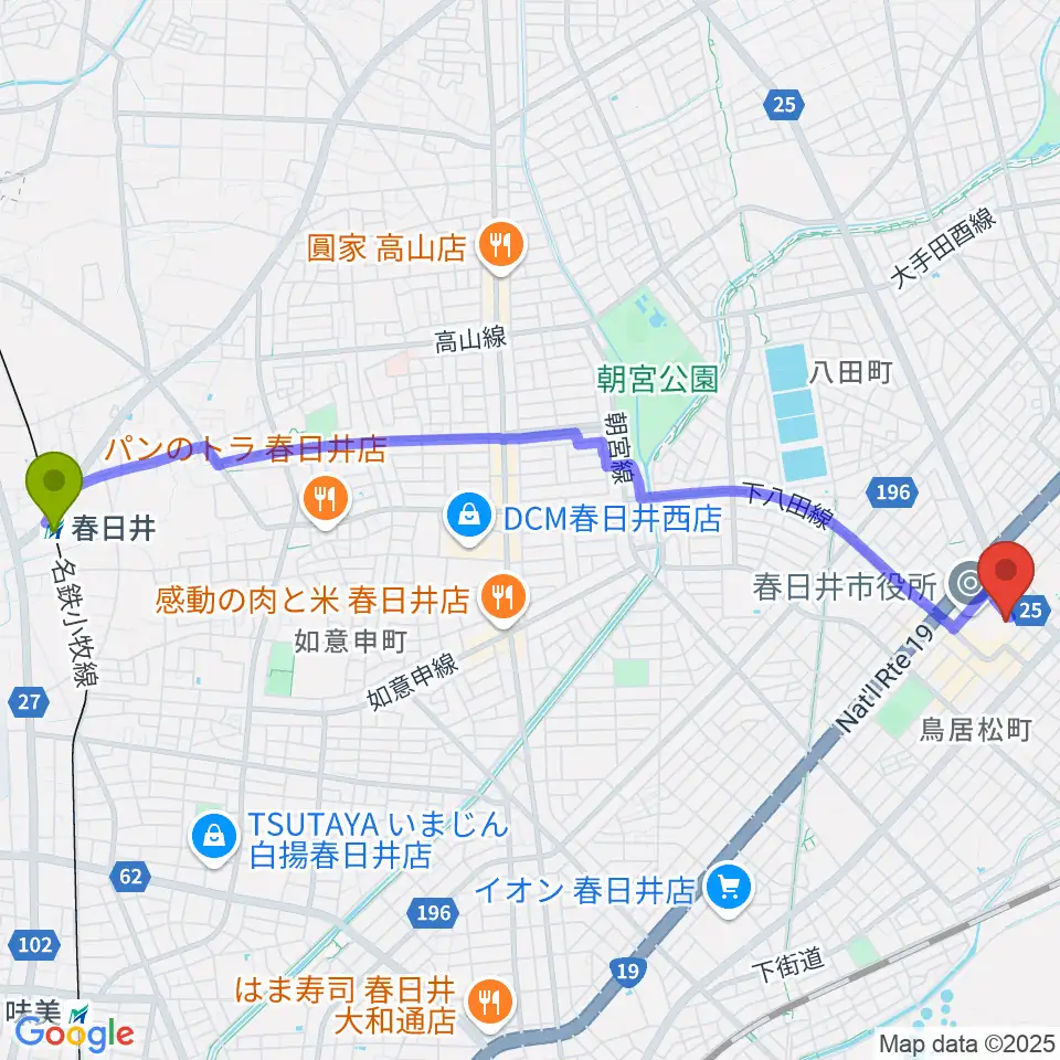 春日井駅から春日井市民会館へのルートマップ地図