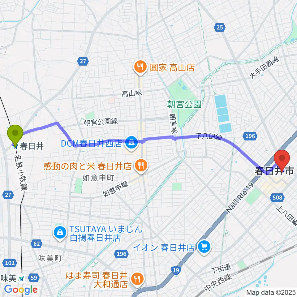 春日井駅から春日井市民会館へのルートマップ地図