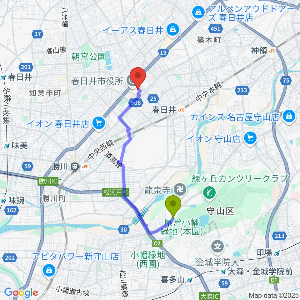 小幡緑地駅から春日井市民会館へのルートマップ地図