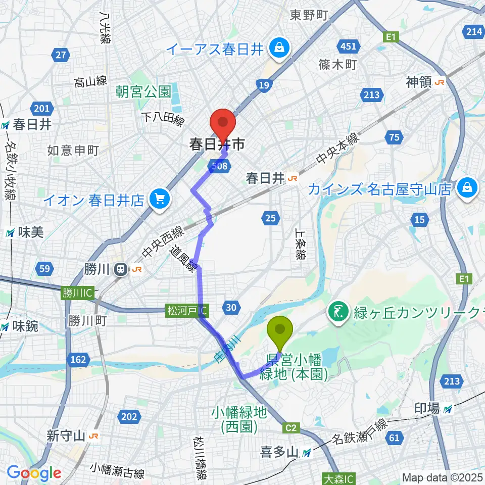 小幡緑地駅から春日井市民会館へのルートマップ地図
