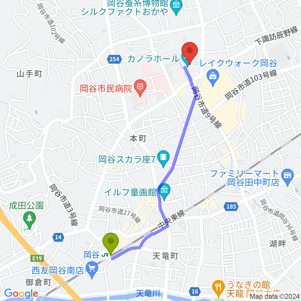 カノラホール 岡谷市文化会館の最寄駅岡谷駅からの徒歩ルート（約21分）地図