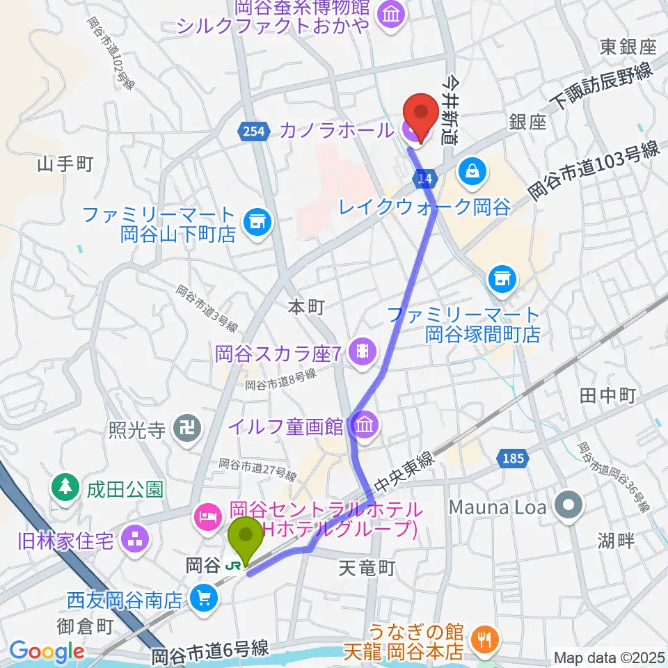 カノラホール 岡谷市文化会館の最寄駅岡谷駅からの徒歩ルート（約21分）地図