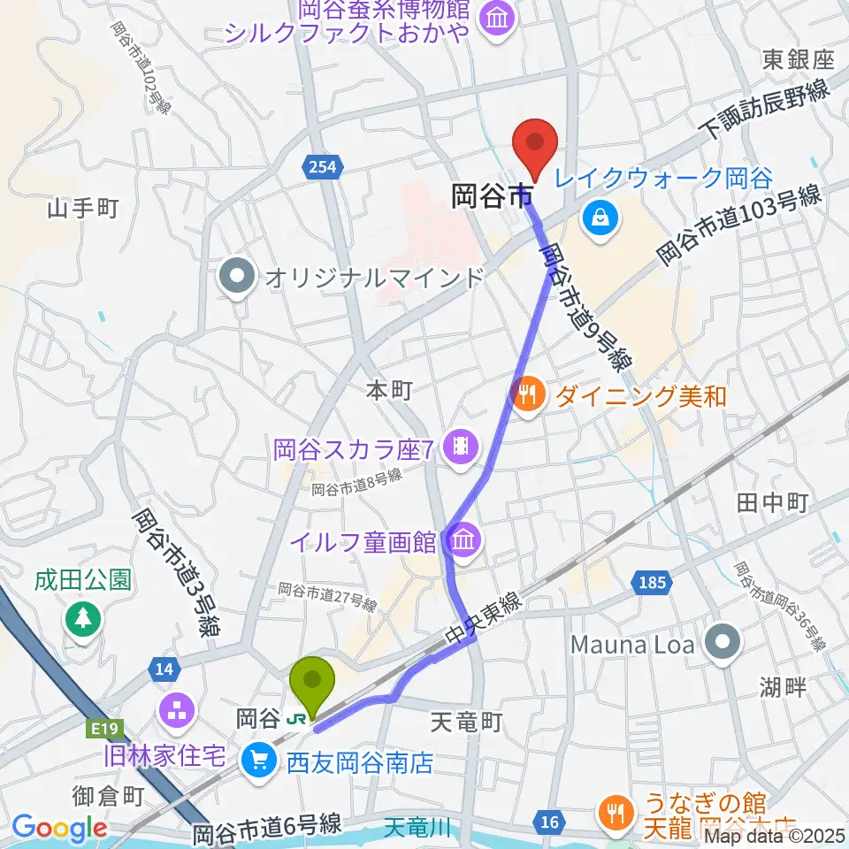 カノラホール 岡谷市文化会館の最寄駅岡谷駅からの徒歩ルート（約21分）地図