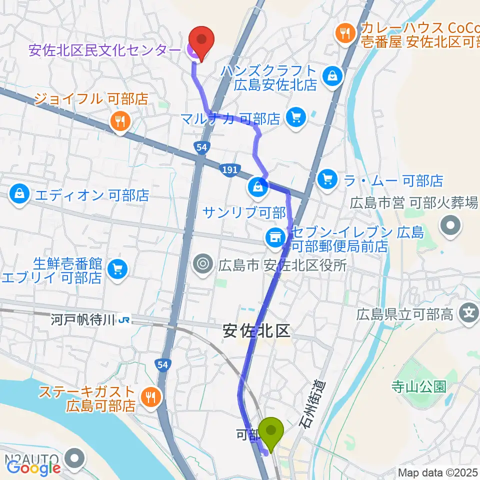 可部駅から安佐北区民文化センターへのルートマップ地図