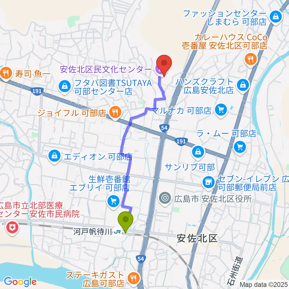 安佐北区民文化センターの最寄駅河戸帆待川駅からの徒歩ルート（約18分）地図