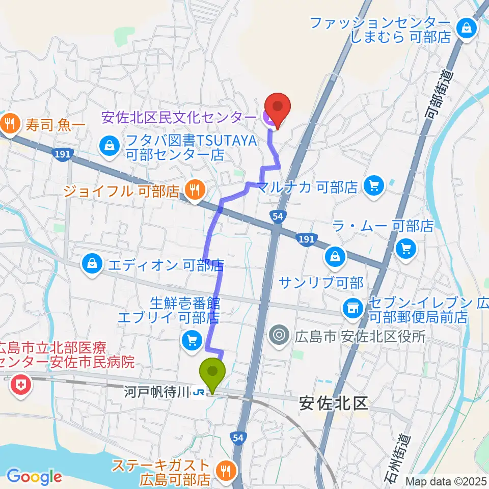 安佐北区民文化センターの最寄駅河戸帆待川駅からの徒歩ルート（約18分）地図