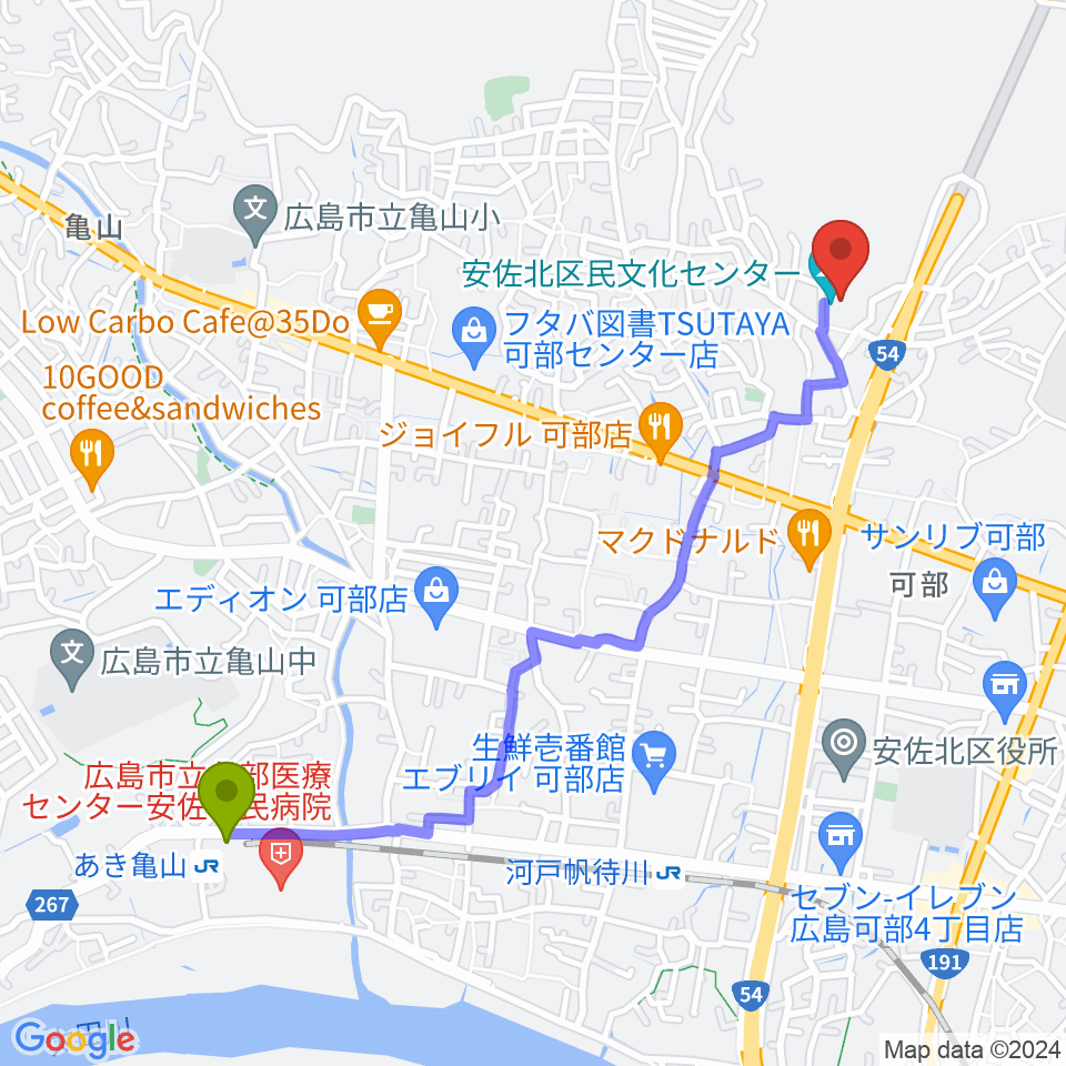 あき亀山駅から安佐北区民文化センターへのルートマップ地図