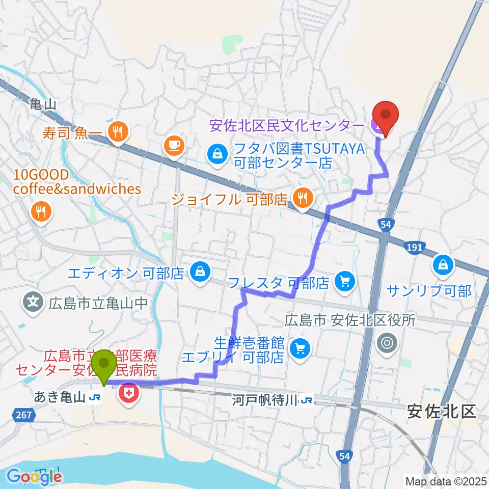 あき亀山駅から安佐北区民文化センターへのルートマップ地図