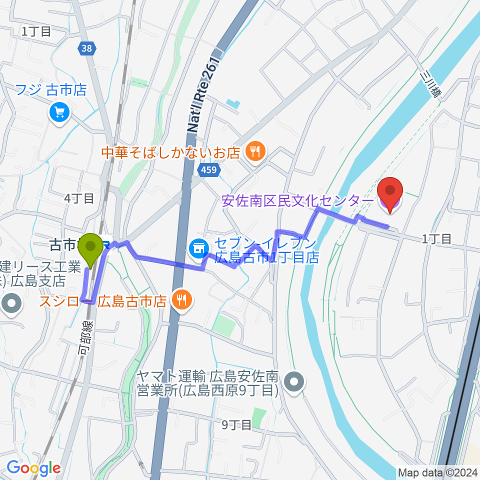 古市橋駅からマエダハウジング安佐南区民文化センターへのルートマップ地図