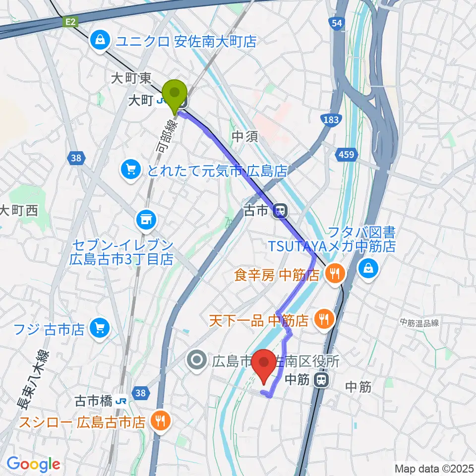 大町駅からマエダハウジング安佐南区民文化センターへのルートマップ地図
