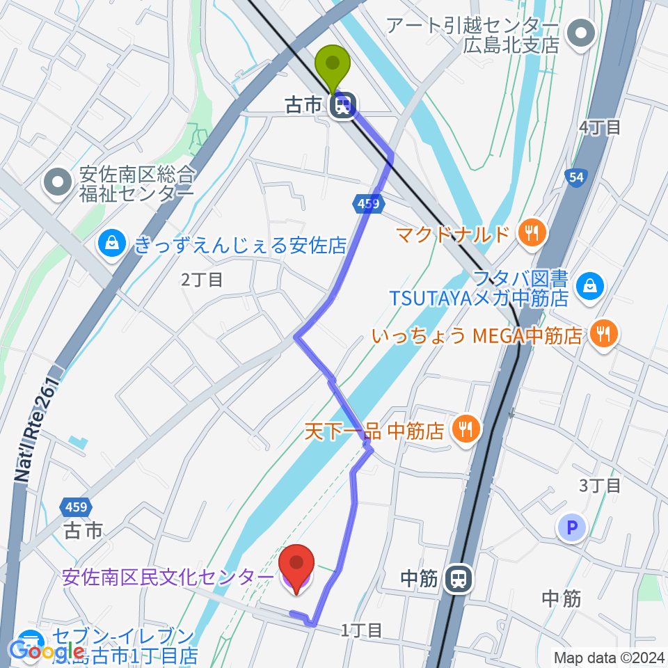 古市駅からマエダハウジング安佐南区民文化センターへのルートマップ地図