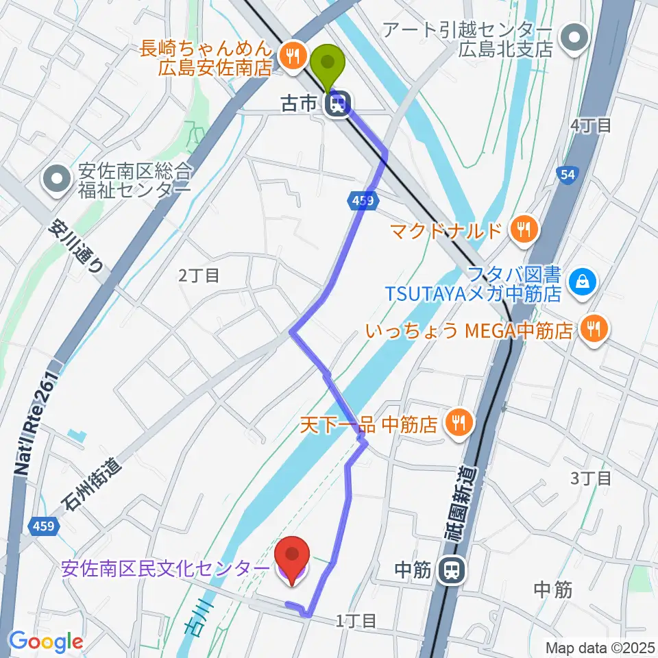 古市駅からマエダハウジング安佐南区民文化センターへのルートマップ地図