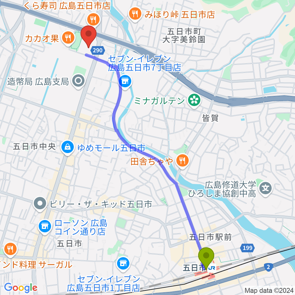 五日市駅から広島市佐伯区民文化センターへのルートマップ地図