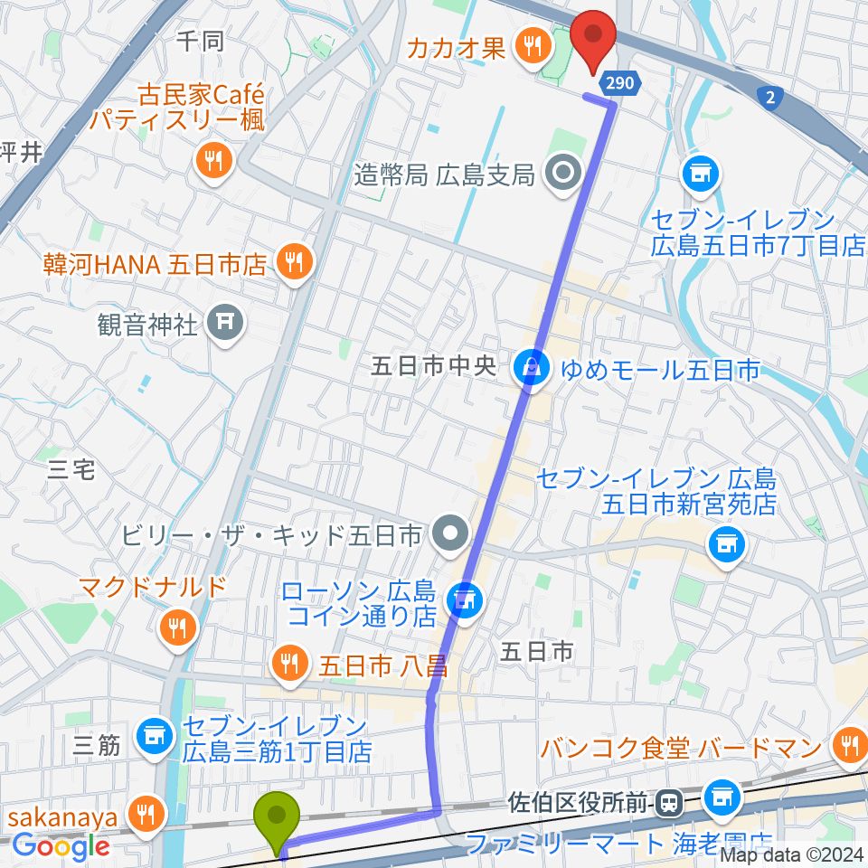 楽々園駅から広島市佐伯区民文化センターへのルートマップ地図