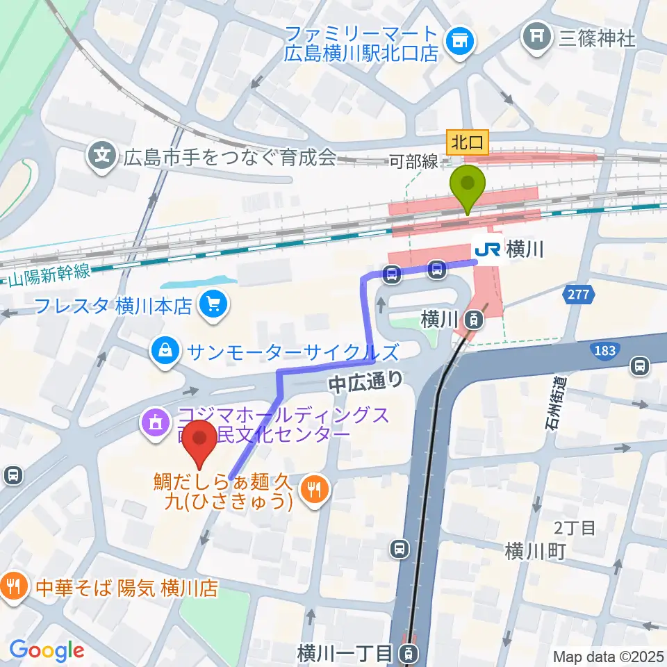横川駅からコジマホールディングス西区民文化センターへのルートマップ地図