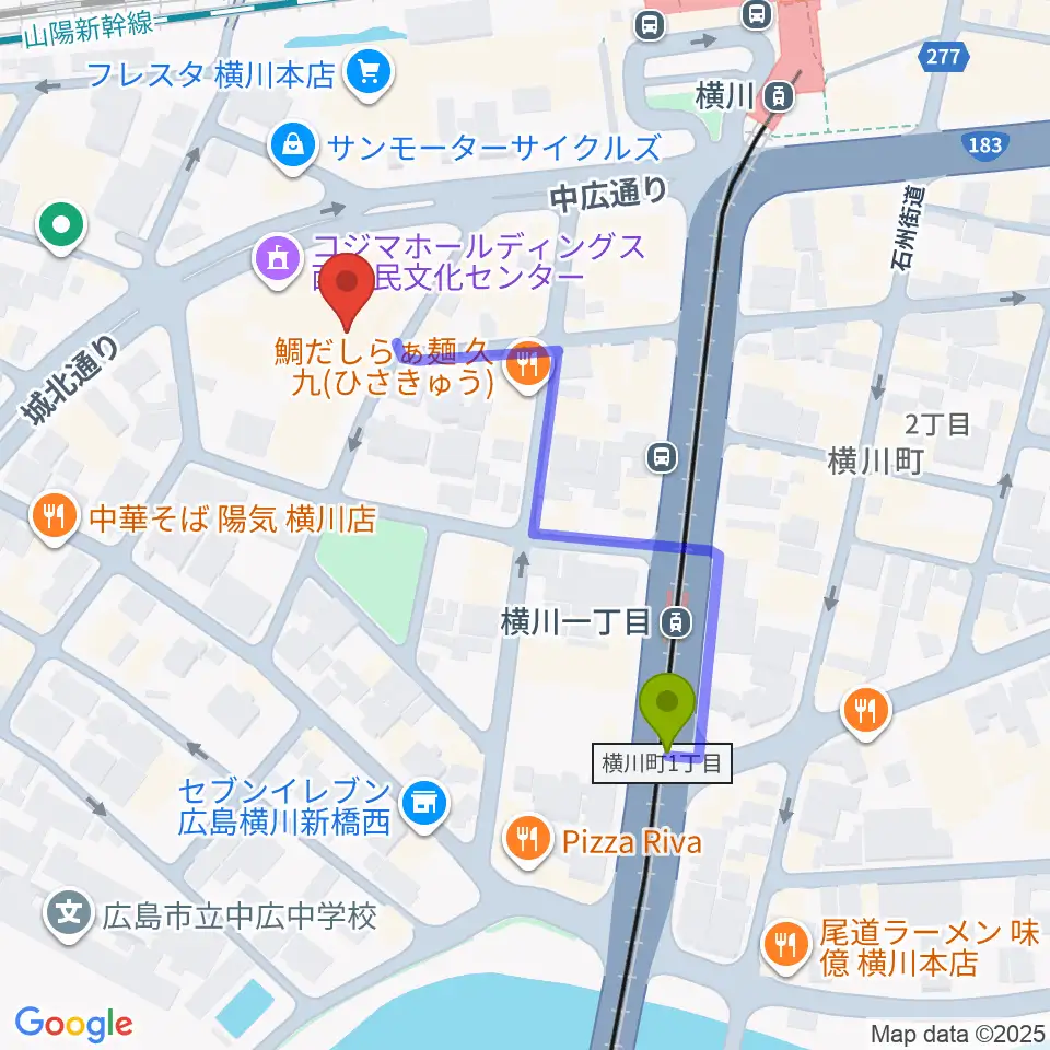 コジマホールディングス西区民文化センターの最寄駅横川一丁目駅からの徒歩ルート（約4分）地図
